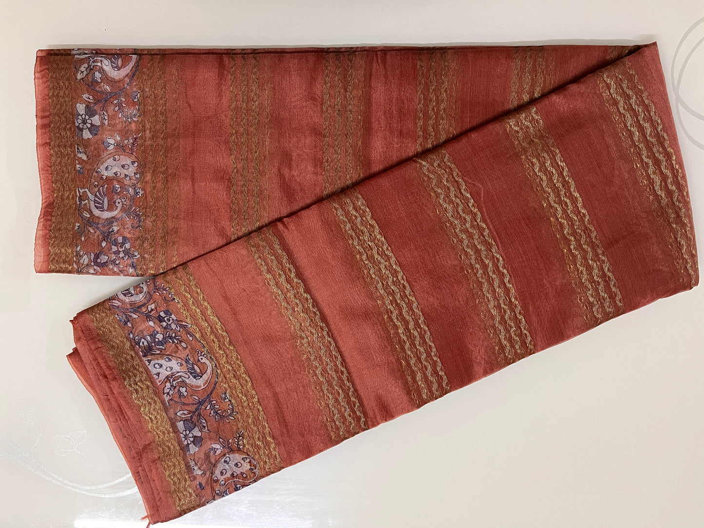 Ks 201 - Elegant Rust Orange Saree with Gold Stripe Weaving & Designer Printed Border
