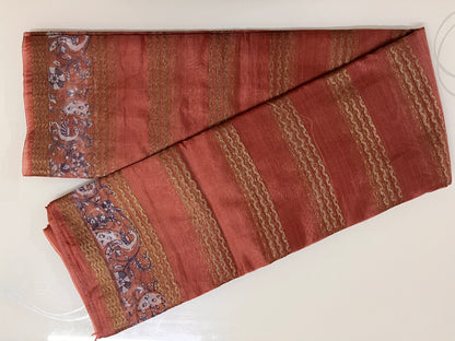 Ks 201 - Elegant Rust Orange Saree with Gold Stripe Weaving & Designer Printed Border