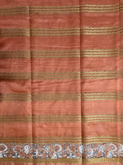 Ks 201 - Elegant Rust Orange Saree with Gold Stripe Weaving & Designer Printed Border