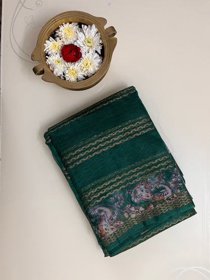 Ks 202 - Elegant Bottle Green Saree with Gold Stripe Weaving & Peacock Artistic Border