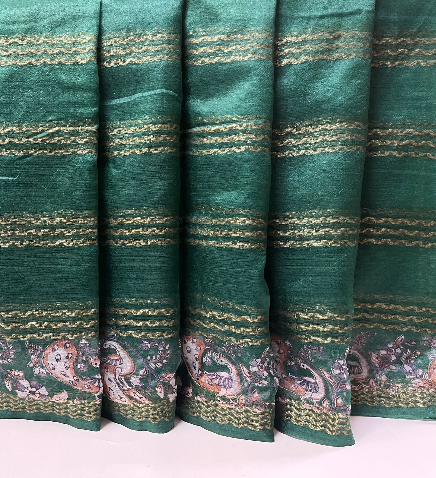 Ks 202 - Elegant Bottle Green Saree with Gold Stripe Weaving & Peacock Artistic Border