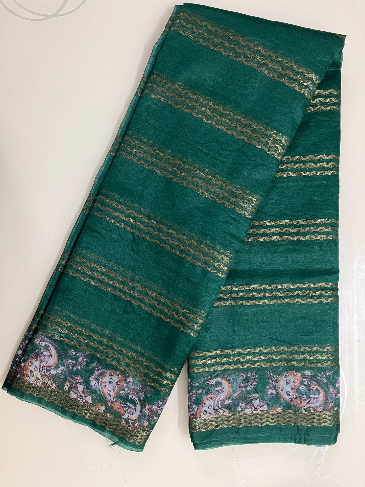 Ks 202 - Elegant Bottle Green Saree with Gold Stripe Weaving & Peacock Artistic Border