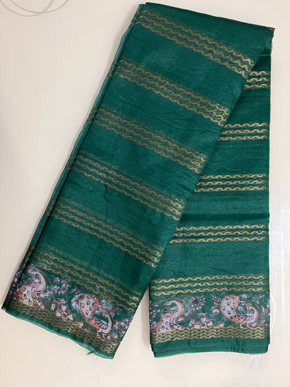 Ks 202 - Elegant Bottle Green Saree with Gold Stripe Weaving & Peacock Artistic Border