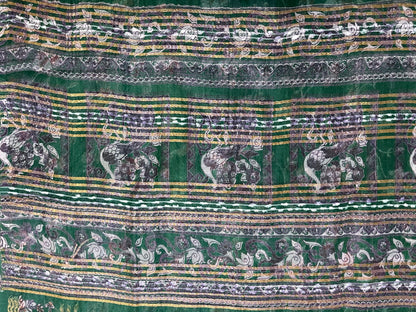 Ks 202 - Elegant Bottle Green Saree with Gold Stripe Weaving & Peacock Artistic Border