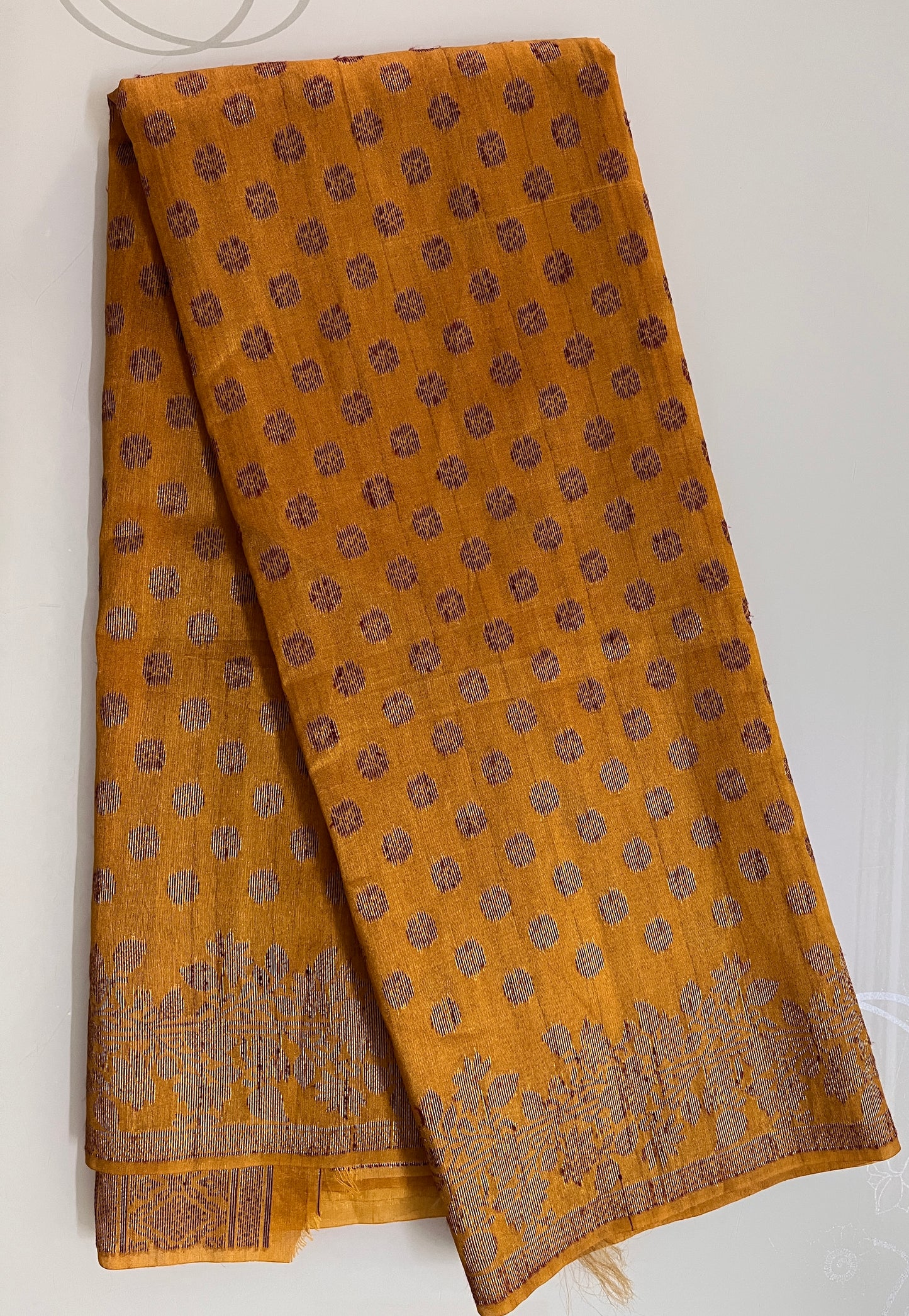 Ks 216 - Elegant Mustard Saree with Classic Polka Butti & Woven Border