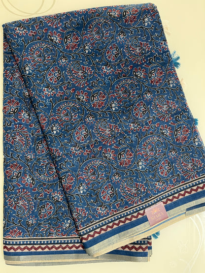 Ks 154 - Indigo Blue Kalamkari Style Printed Saree