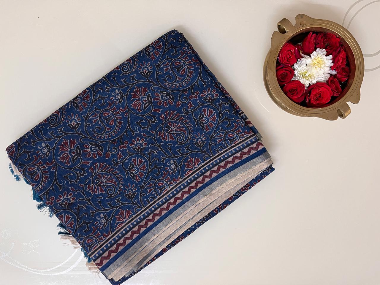 Ks 154 - Indigo Blue Kalamkari Style Printed Saree