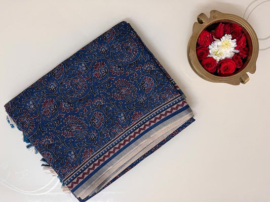 Ks 154 - Indigo Blue Kalamkari Style Printed Saree