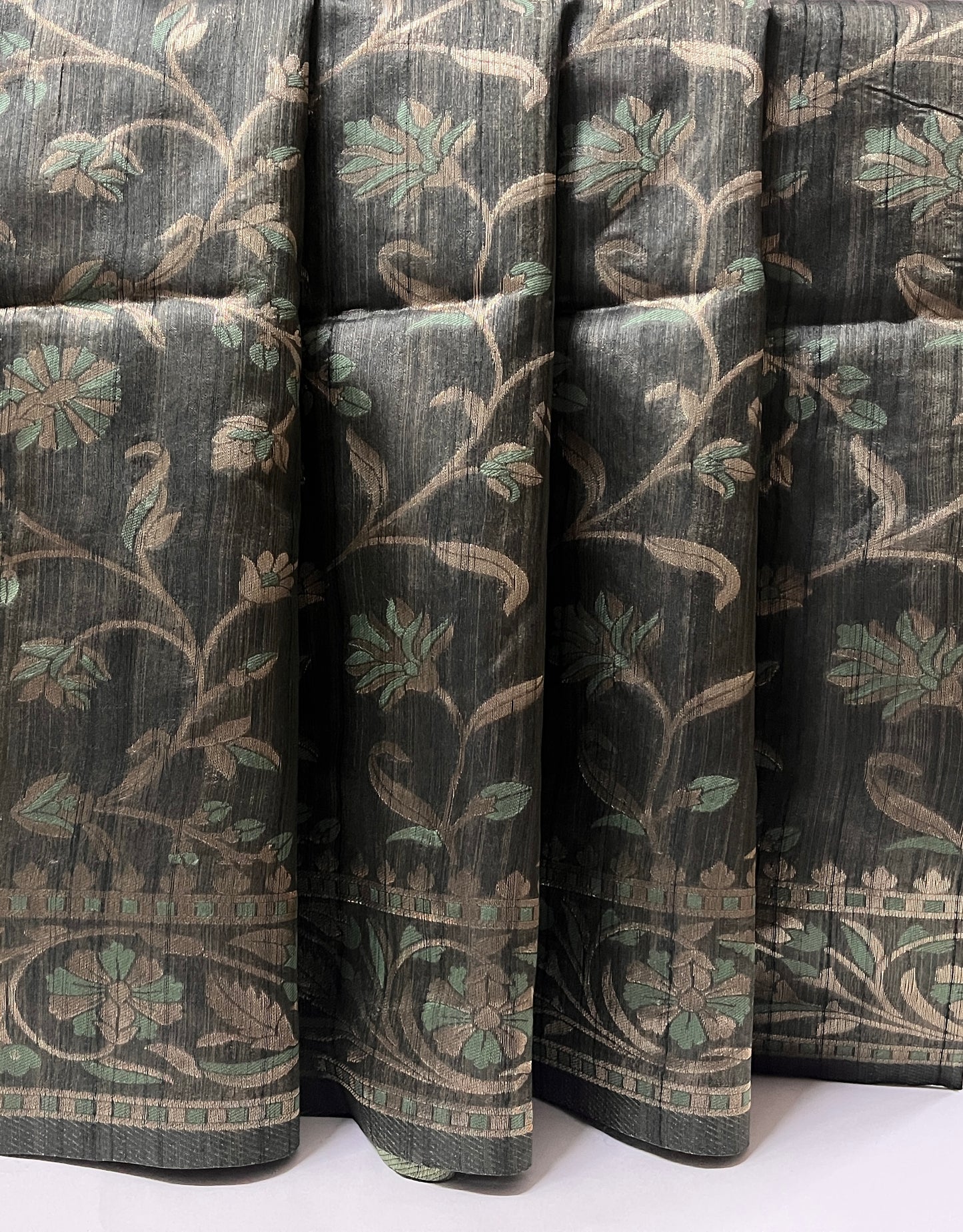 Ks 236 - Elegant Charcoal Green Saree with Floral Vine Design