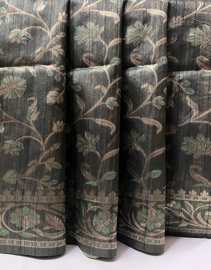 Ks 236 - Elegant Charcoal Green Saree with Floral Vine Design