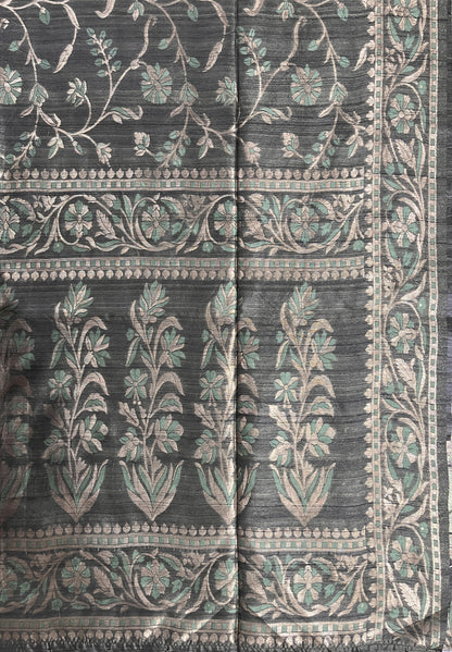 Ks 236 - Elegant Charcoal Green Saree with Floral Vine Design