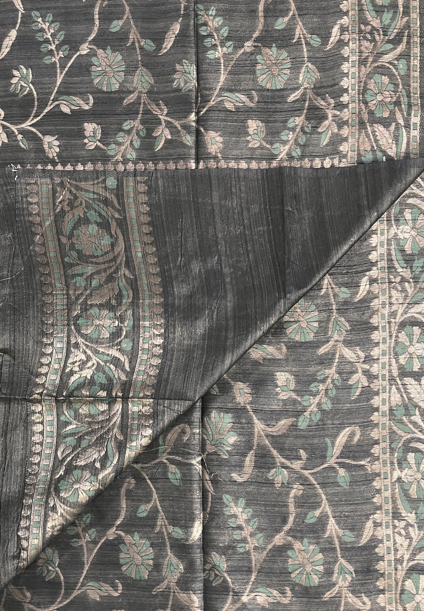 Ks 236 - Elegant Charcoal Green Saree with Floral Vine Design