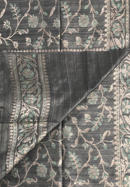 Ks 236 - Elegant Charcoal Green Saree with Floral Vine Design