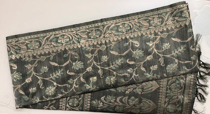 Ks 236 - Elegant Charcoal Green Saree with Floral Vine Design