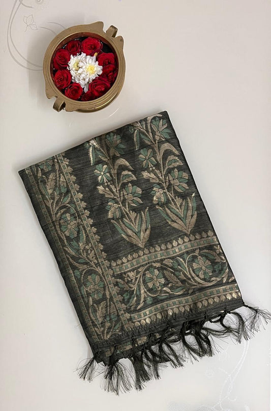 Ks 236 - Elegant Charcoal Green Saree with Floral Vine Design