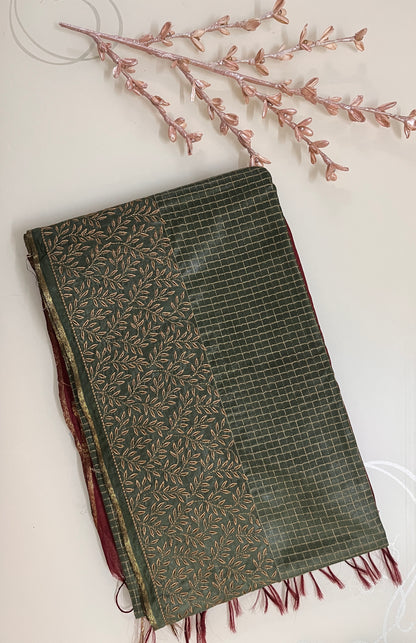 Ks 204 - Forest Green & Maroon Zari Work Saree