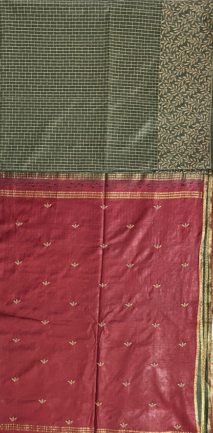 Ks 204 - Forest Green & Maroon Zari Work Saree