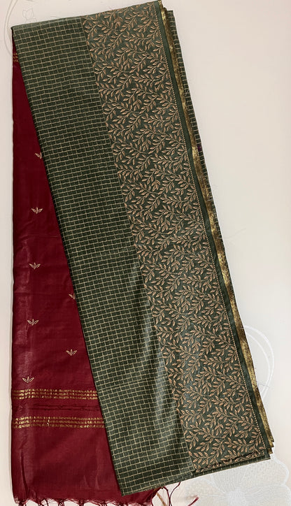 Ks 204 - Forest Green & Maroon Zari Work Saree