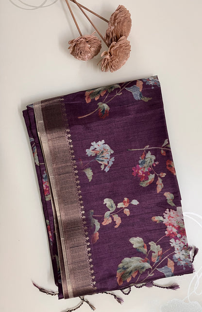 Ks 129 - Plum Floral Printed Saree with Elegant Woven Border