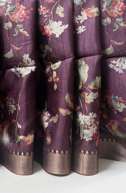 Ks 129 - Plum Floral Printed Saree with Elegant Woven Border