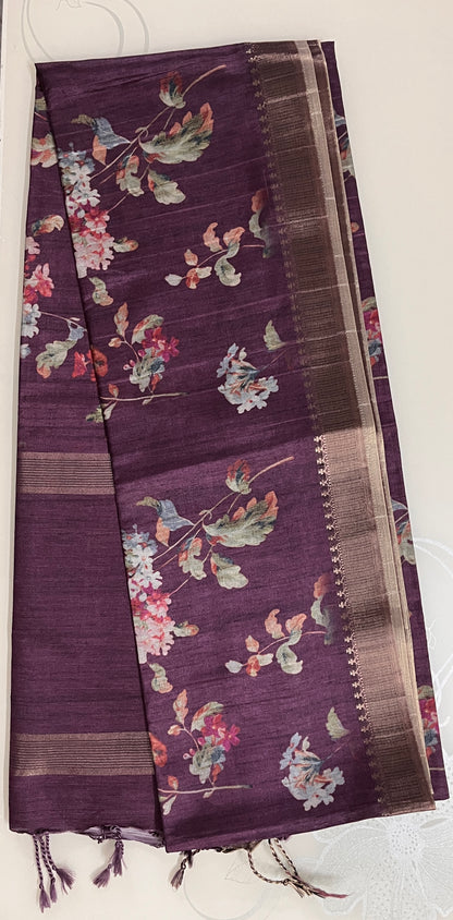 Ks 129 - Plum Floral Printed Saree with Elegant Woven Border