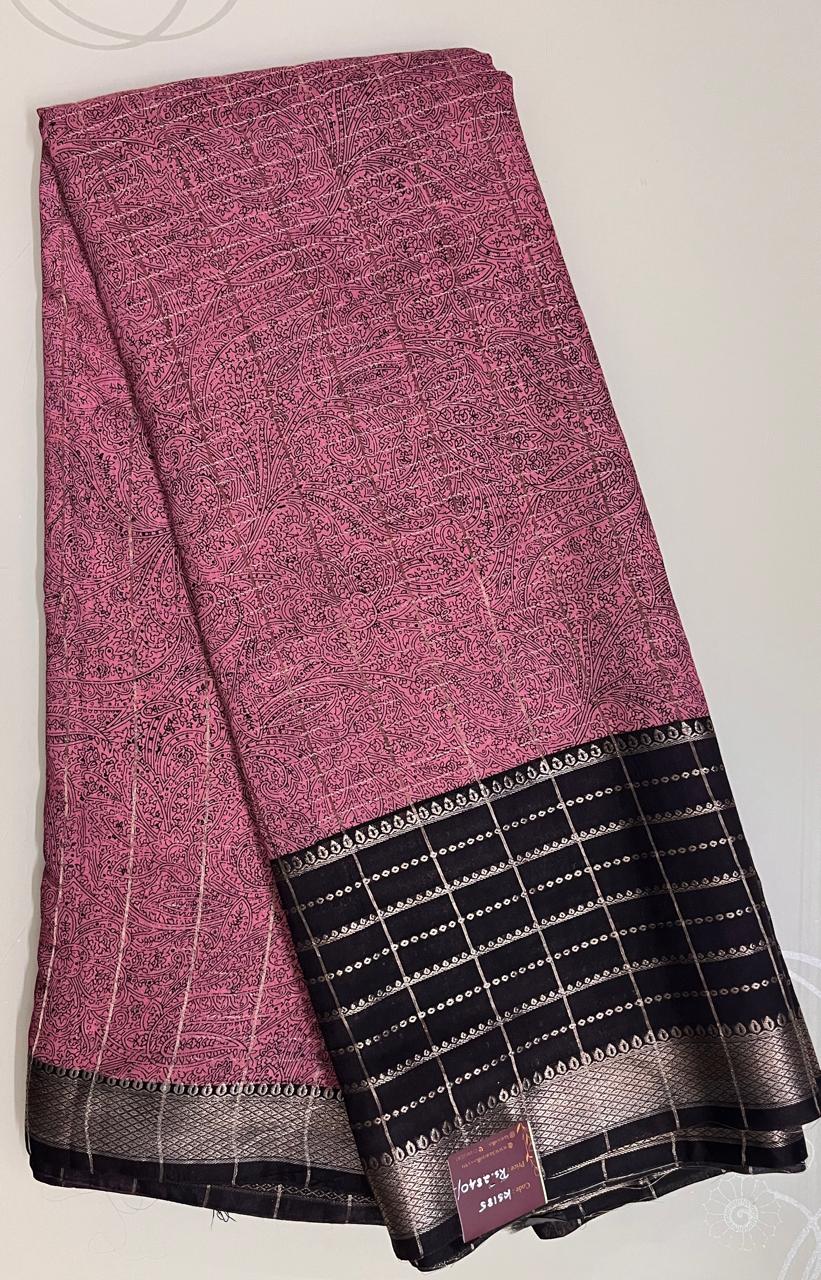 Ks 185 - Pink Printed Saree with Elegant Black Border