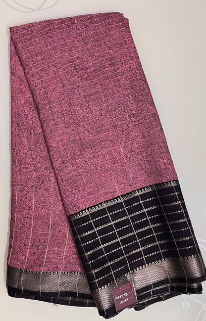 Ks 185 - Pink Printed Saree with Elegant Black Border
