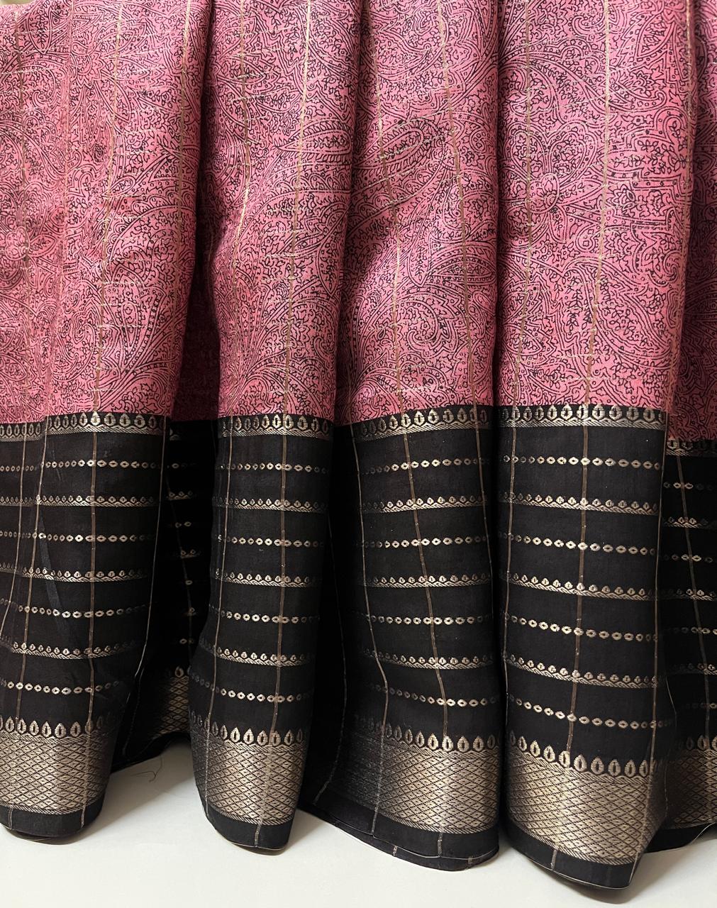 Ks 185 - Pink Printed Saree with Elegant Black Border