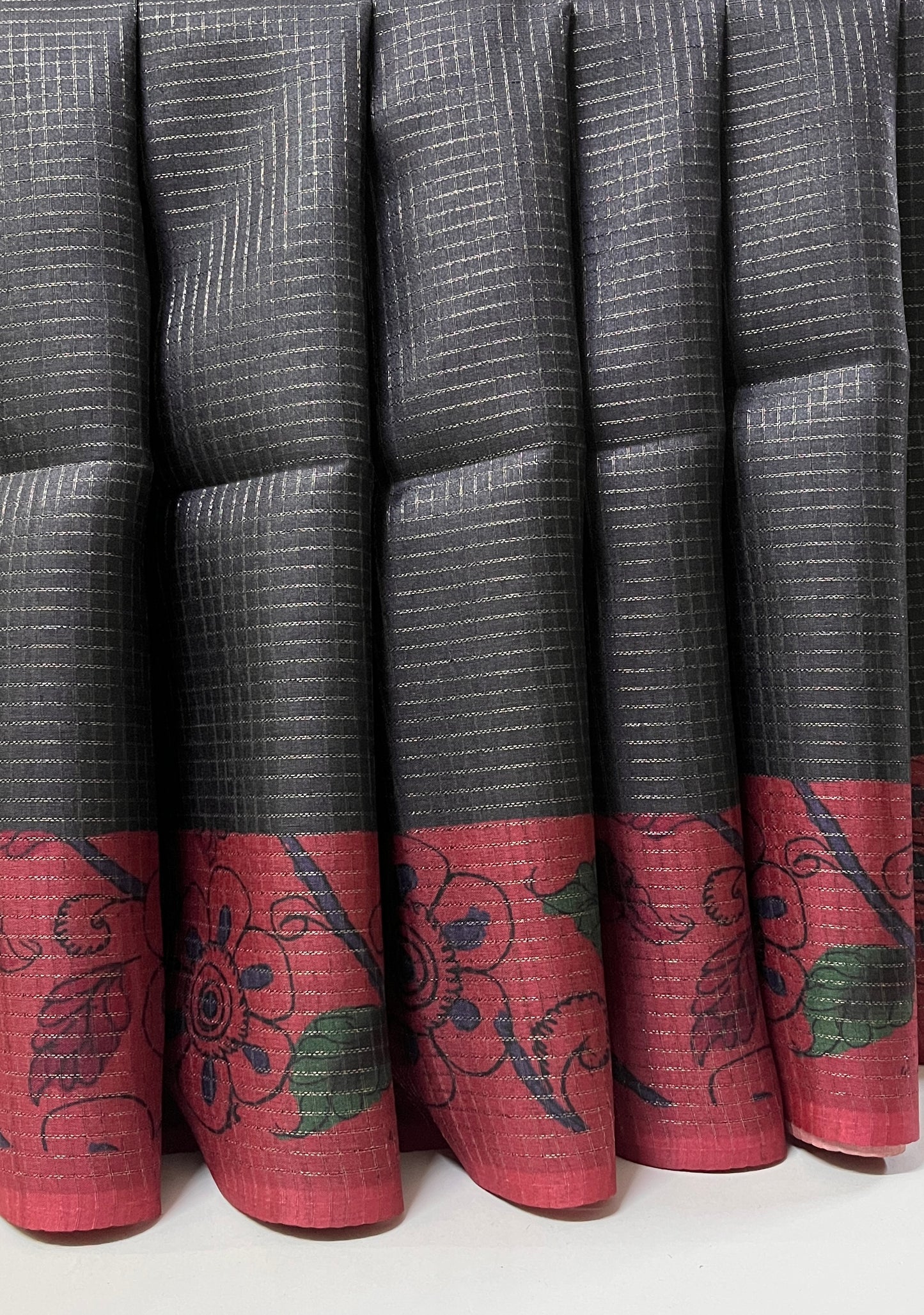 Ks 189 - Black Striped Saree with Pink Floral Border