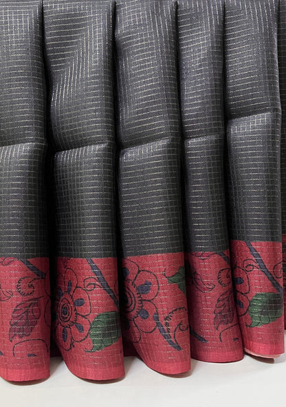 Ks 189 - Black Striped Saree with Pink Floral Border