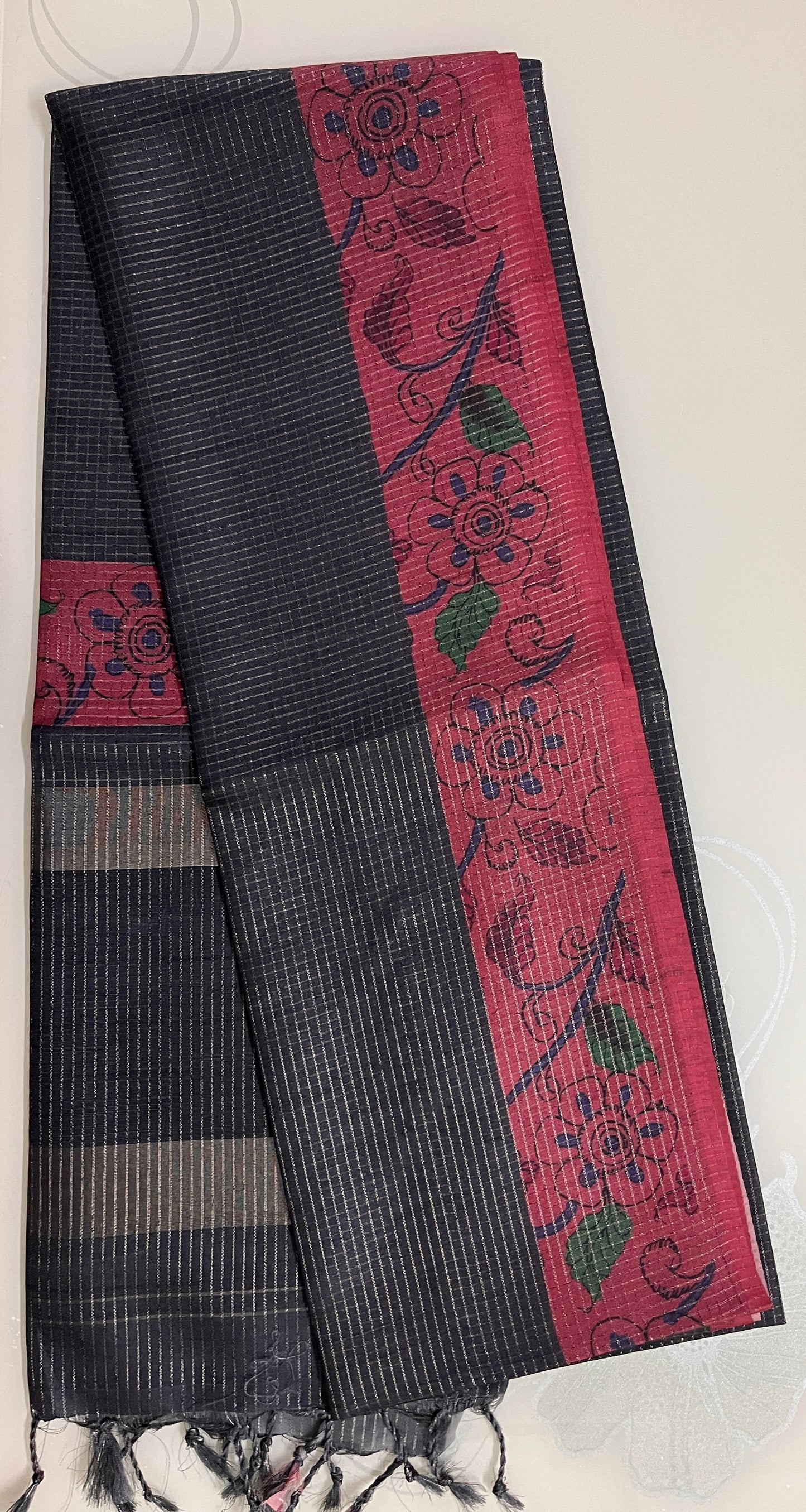 Ks 189 - Black Striped Saree with Pink Floral Border