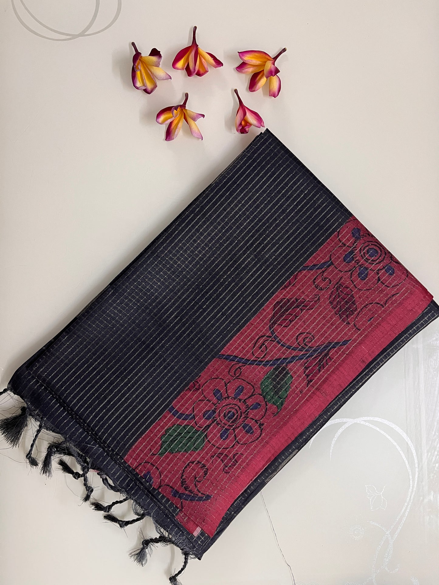 Ks 189 - Black Striped Saree with Pink Floral Border