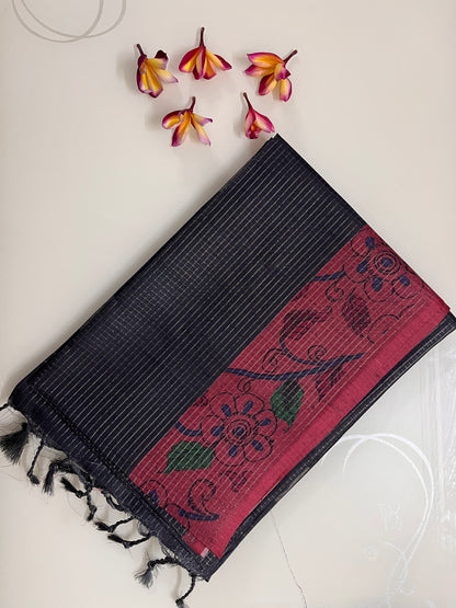 Ks 189 - Black Striped Saree with Pink Floral Border