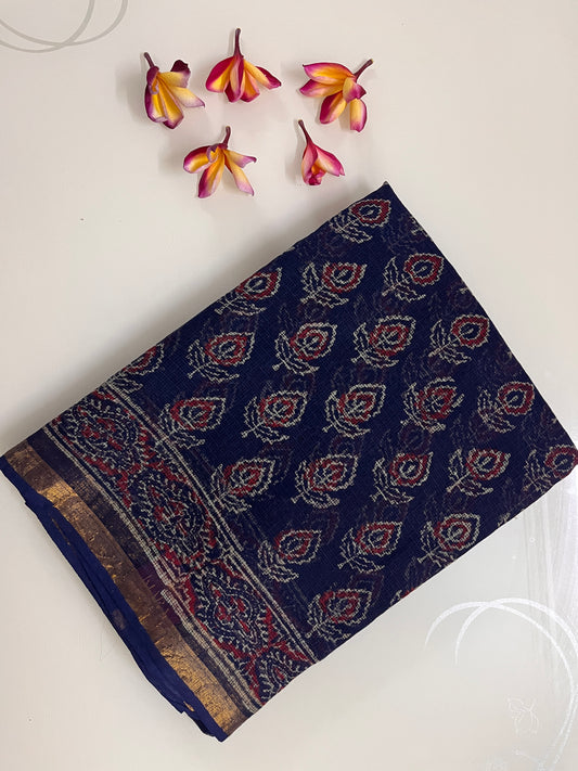 Ks 192 - Rich navy blue cotton blended block print saree
