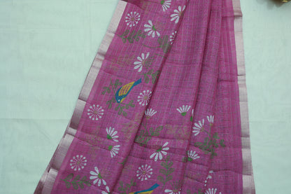 KS94 - Deep pink handwoven linen saree