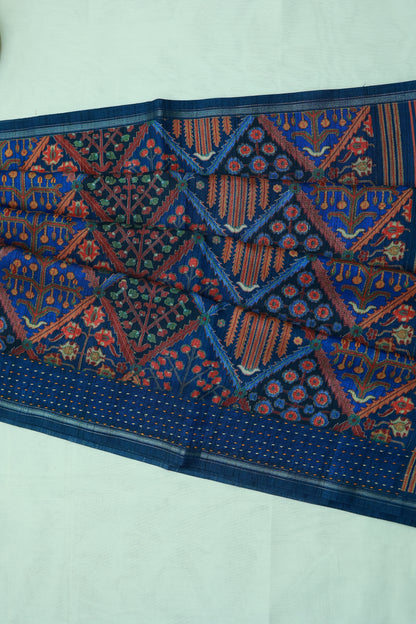KS80 - Navy blue saree with multicolor print and  threadwork