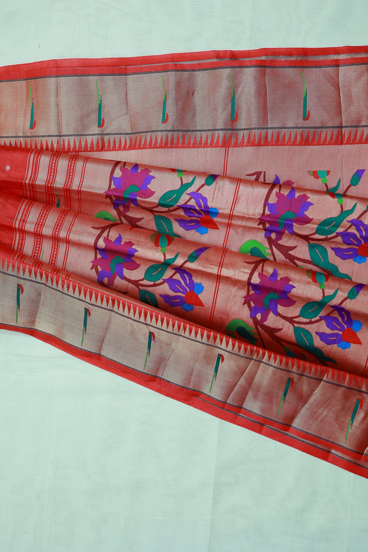 KS71 - Red Silk Cotton Saree with Colorful Floral and Parrot Motifs