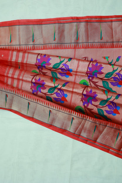KS71 - Red Silk Cotton Saree with Colorful Floral and Parrot Motifs