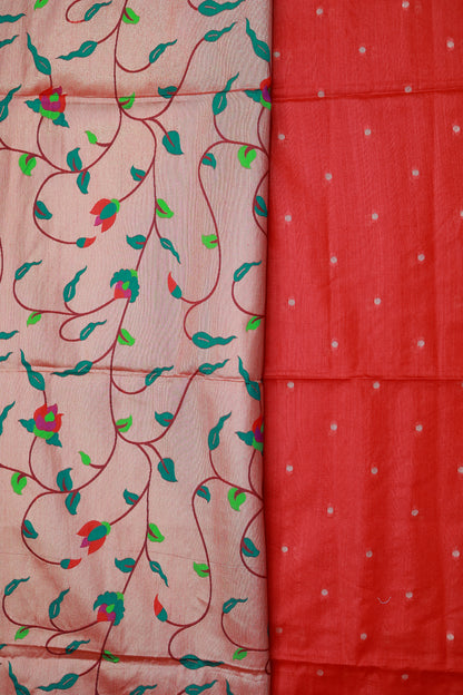 KS71 - Red Silk Cotton Saree with Colorful Floral and Parrot Motifs