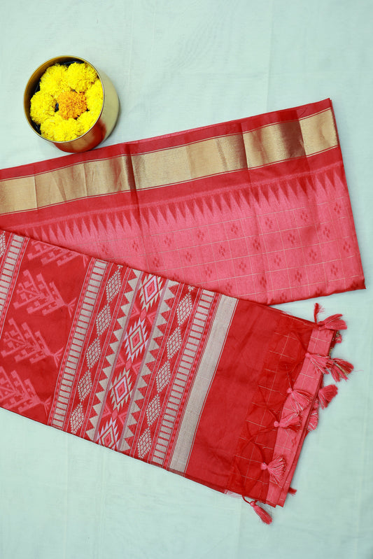 KS85 - Pinkish red with chilli red pallu Semi Tussar Sarees