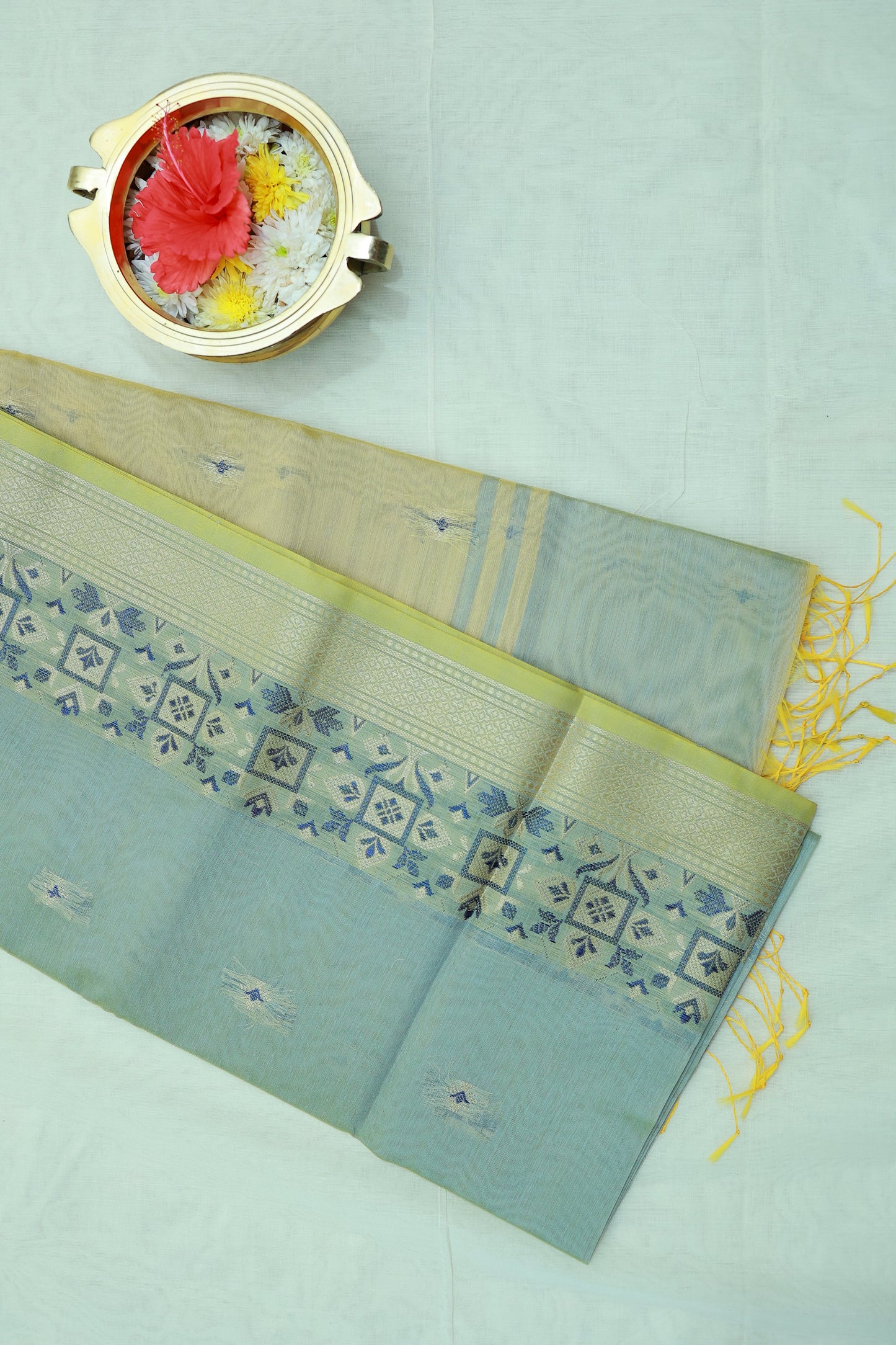 KS27 - Pastel blue and yellow silk cotton saree
