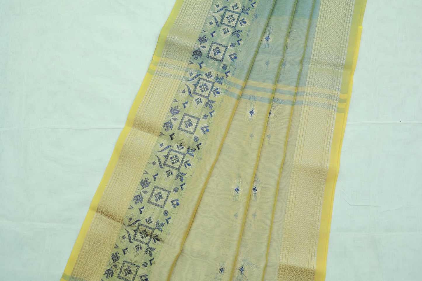 KS27 - Pastel blue and yellow silk cotton saree