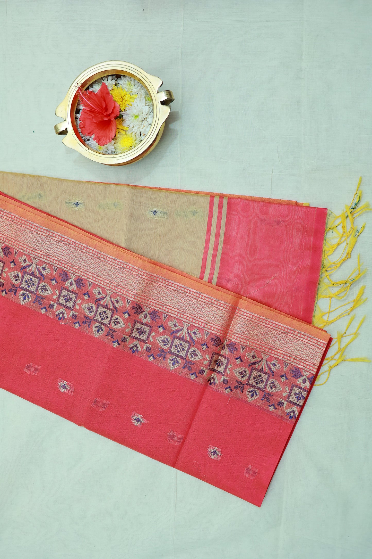 KS25 - Amaranth red and pastel yellow silk cotton saree