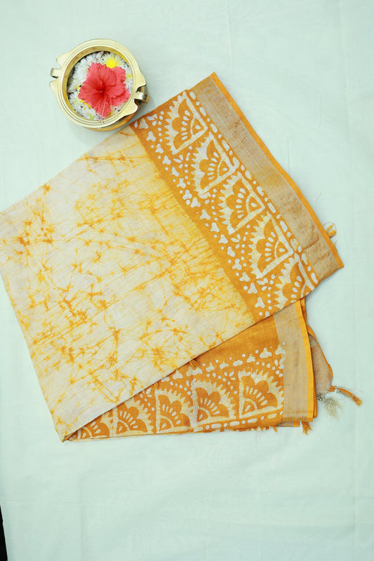 KS23 - Sunlit Mustard Shibori & Block Print Cotton Saree