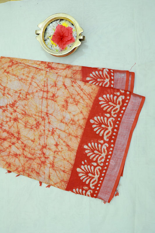 KS32 - Sunset Flame Shibori & Block Print Cotton Saree