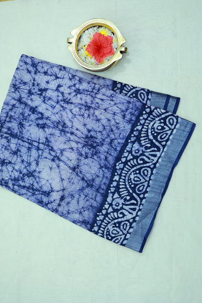 KS24 - Indigo Whisper Shibori & Block Print Cotton Saree