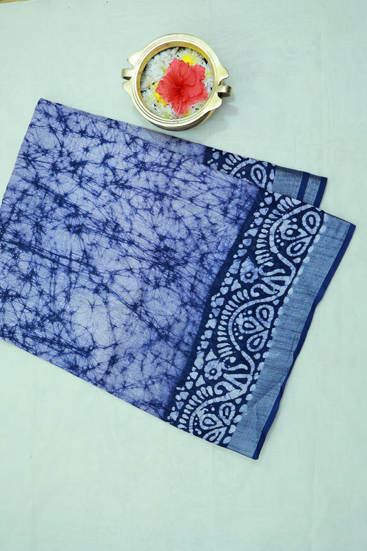 KS24 - Indigo Whisper Shibori & Block Print Cotton Saree