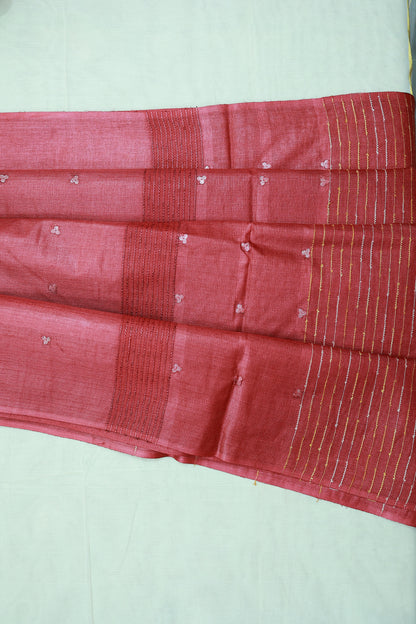 KS108 - Rustic red Tussar Saree with mild threadwork