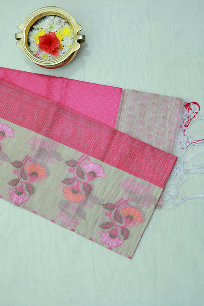 KS18 - Vibrant pink and soft beige cotton saree