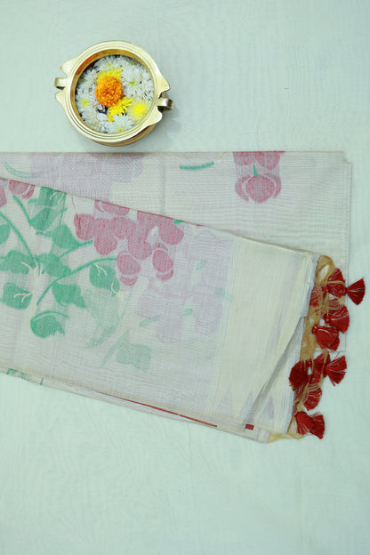 KS03 - Soft off white & Chilli red silk blended cotton saree
